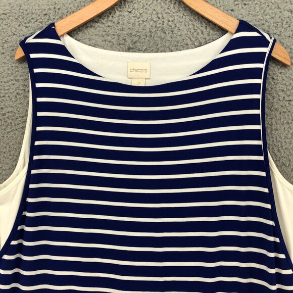 Chicos Dress Womens 2 Large Blue Striped Double Layer Midi Jersey Slit Stretch* - Picture 2 of 11